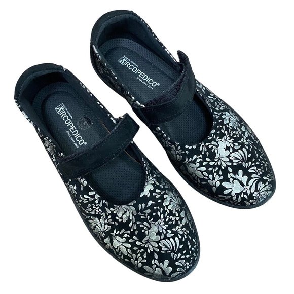 Arcopedico Shoes - Arcopedico L45 Mary Jane Womens 39 Barbara Black Silver Floral Flats Shoes